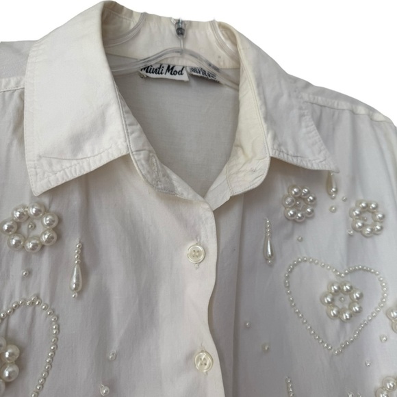 Vintage Pearl Embellished Shirt Size L White Cotton Button Up Down 80s 90s - Picture 4 of 8